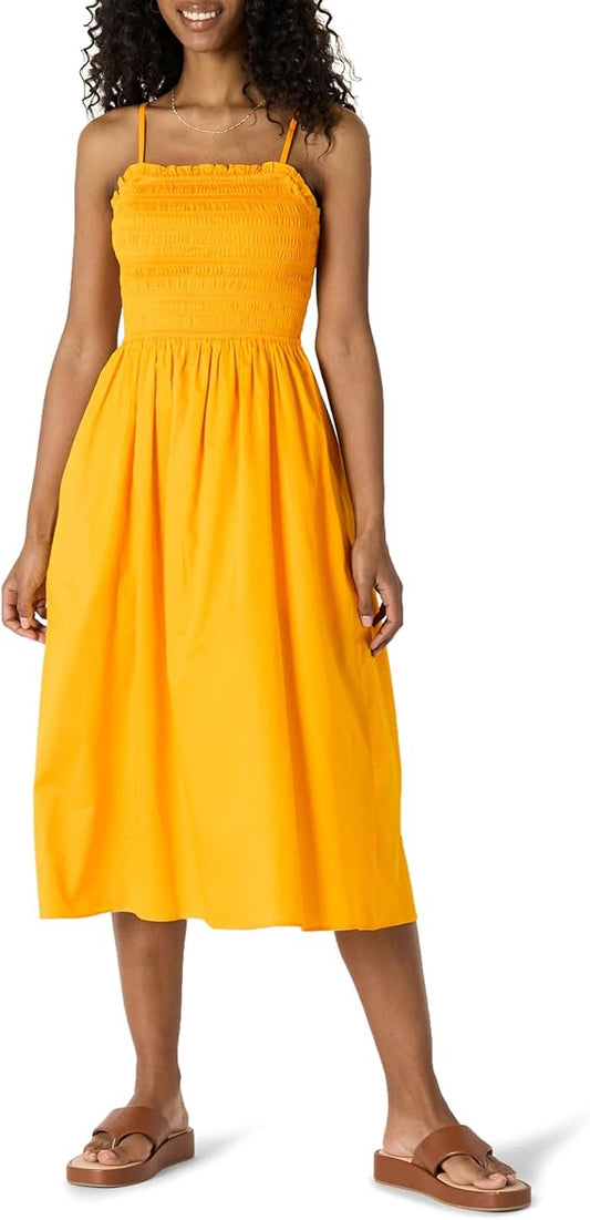 Women's Regular-Fit Cotton Sateen Smocked Bodice Midi Dress