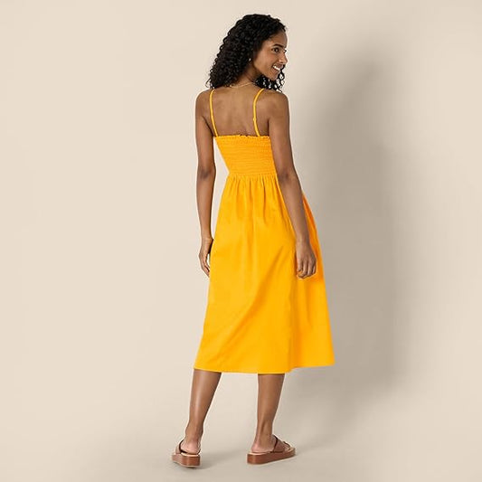 Women's Regular-Fit Cotton Sateen Smocked Bodice Midi Dress